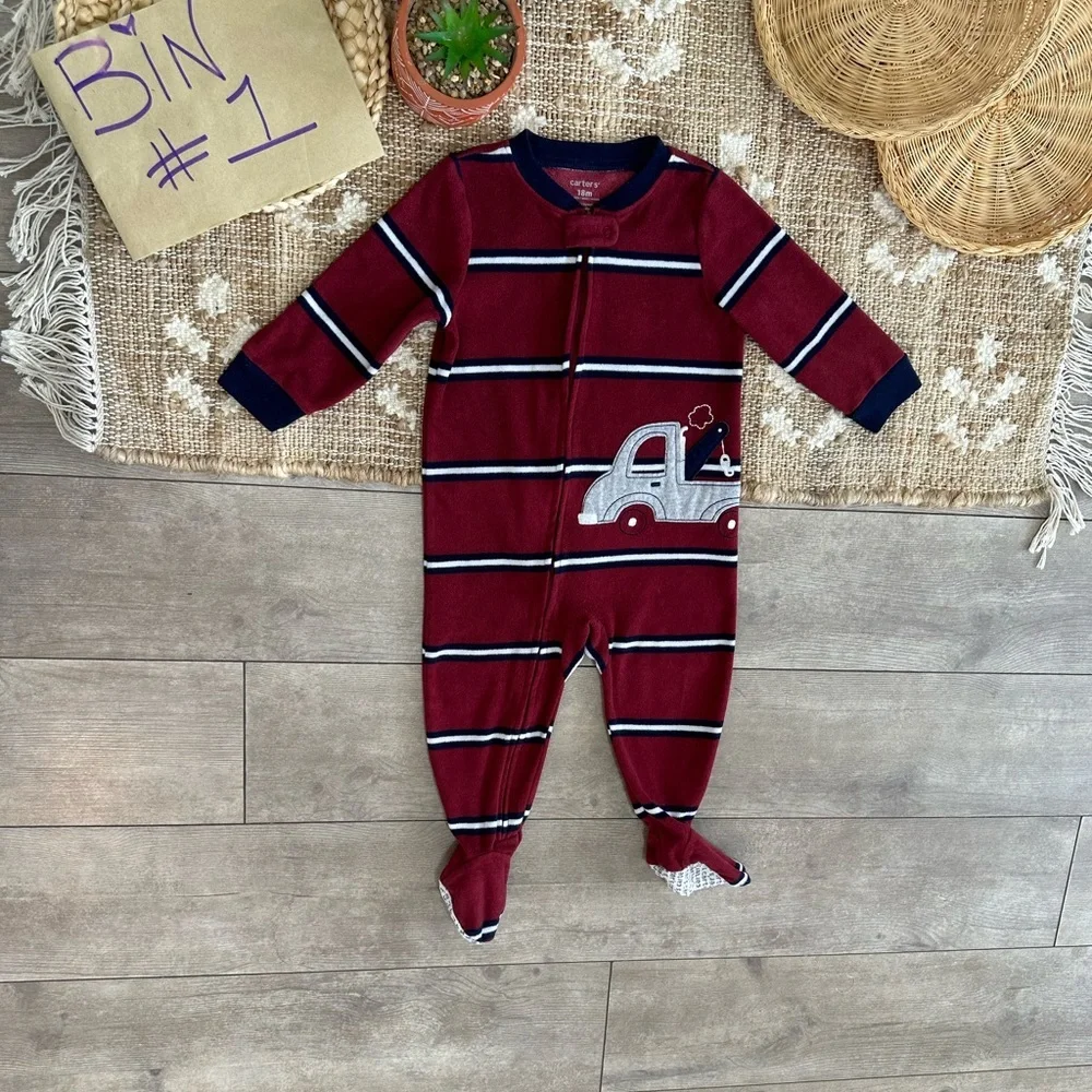Carter's Toddler Boy Zip Footie Pajamas Sleeper Striped Fleece Tow Truck 18 M